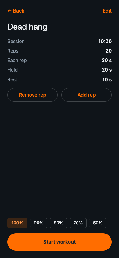 A Dead hang activity: 20 reps in 10:00, each rep 30 s with a 20 s hold and 10 s rest