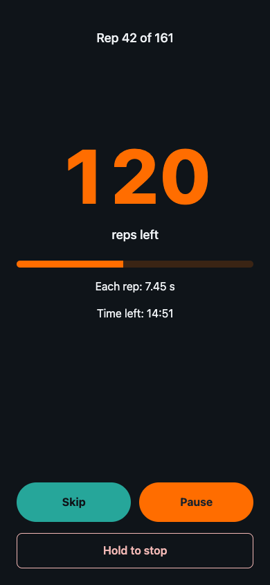 The running session at rep 42 of 161: 120 reps left, the bar part-way through a 7.45 s rep and 14:51 left